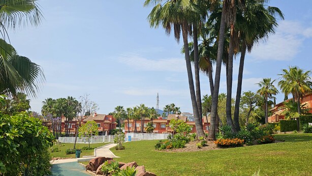 A landscaped area with a pathway, palm trees, and a building complex in the background.