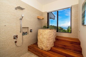 Shower, hair dryer, bidet, towels