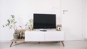 A white TV stand with a flat-screen TV, surrounded by potted plants and decorative items. - GuestHost - Borgo Filadelfia Apartment (Turin)