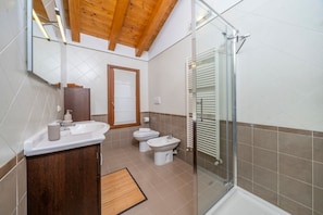 Shower, hair dryer, bidet, towels
