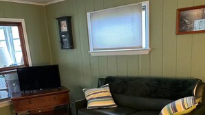 Un salon avec un canapé vert, des coussins à rayures, un meuble TV en bois et une fenêtre avec des stores.