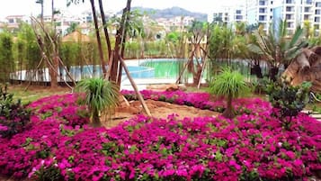 A landscaped garden with a pool, surrounded by buildings.