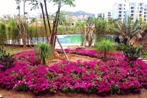 Un jardín ajardinado con piscina, rodeado de edificios.