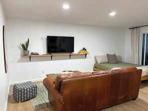 Smart TV, fireplace, books