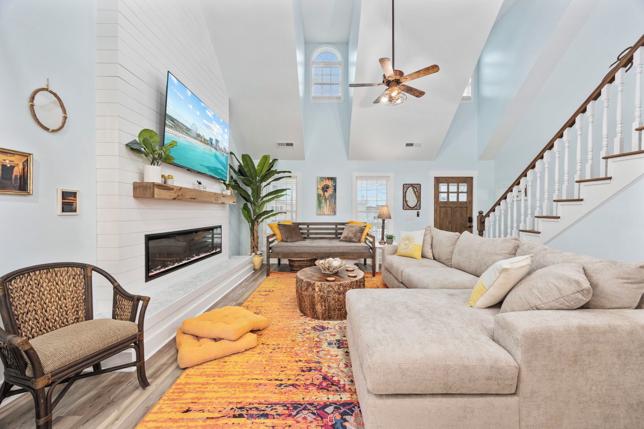 Smart TV, fireplace, books