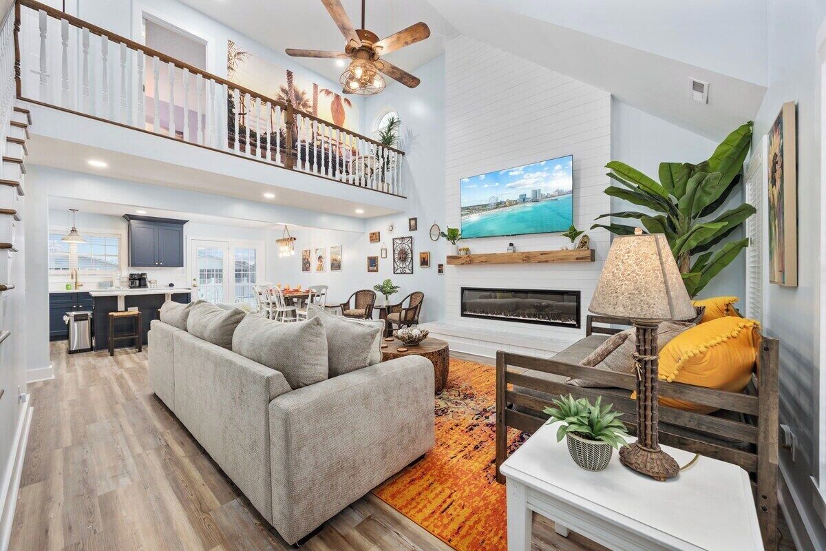 Smart TV, fireplace, books