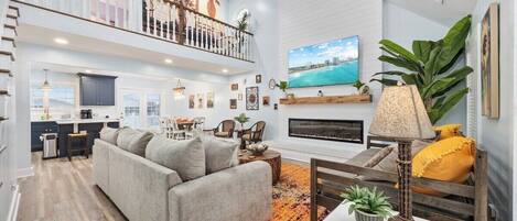 Smart TV, fireplace, books