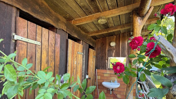 A rustic wooden bathroom with a sink and a wooden door. - Glamping at “The Nest” in Müritz National Park (Penzlin)
