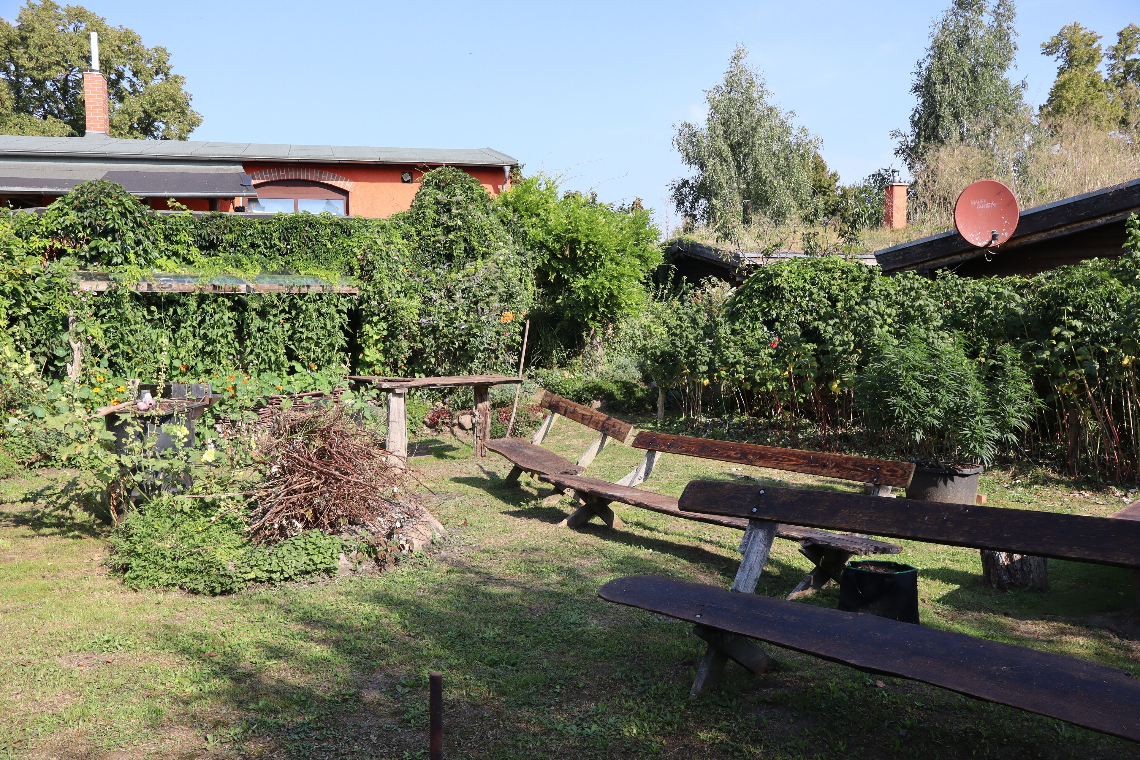 A garden with wooden benches, a brick building, and a satellite dish.