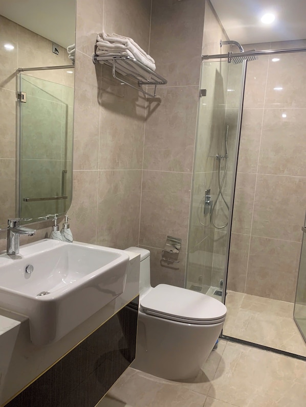 A modern bathroom with a glass-enclosed shower, a white sink, and a toilet.