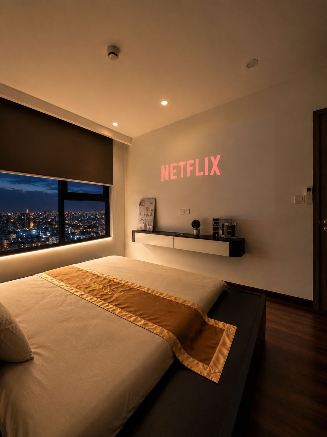 A modern bedroom with a large bed, a view of a cityscape at night, a shelf with decorative items, and a wall-mounted sign that reads 'NETFLIX'.