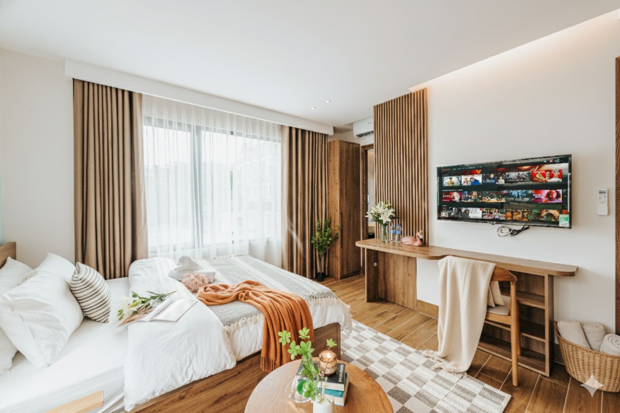 A modern hotel room with a large bed, a bedside table with a vase of flowers, a TV mounted on the wall, and a wooden floor.