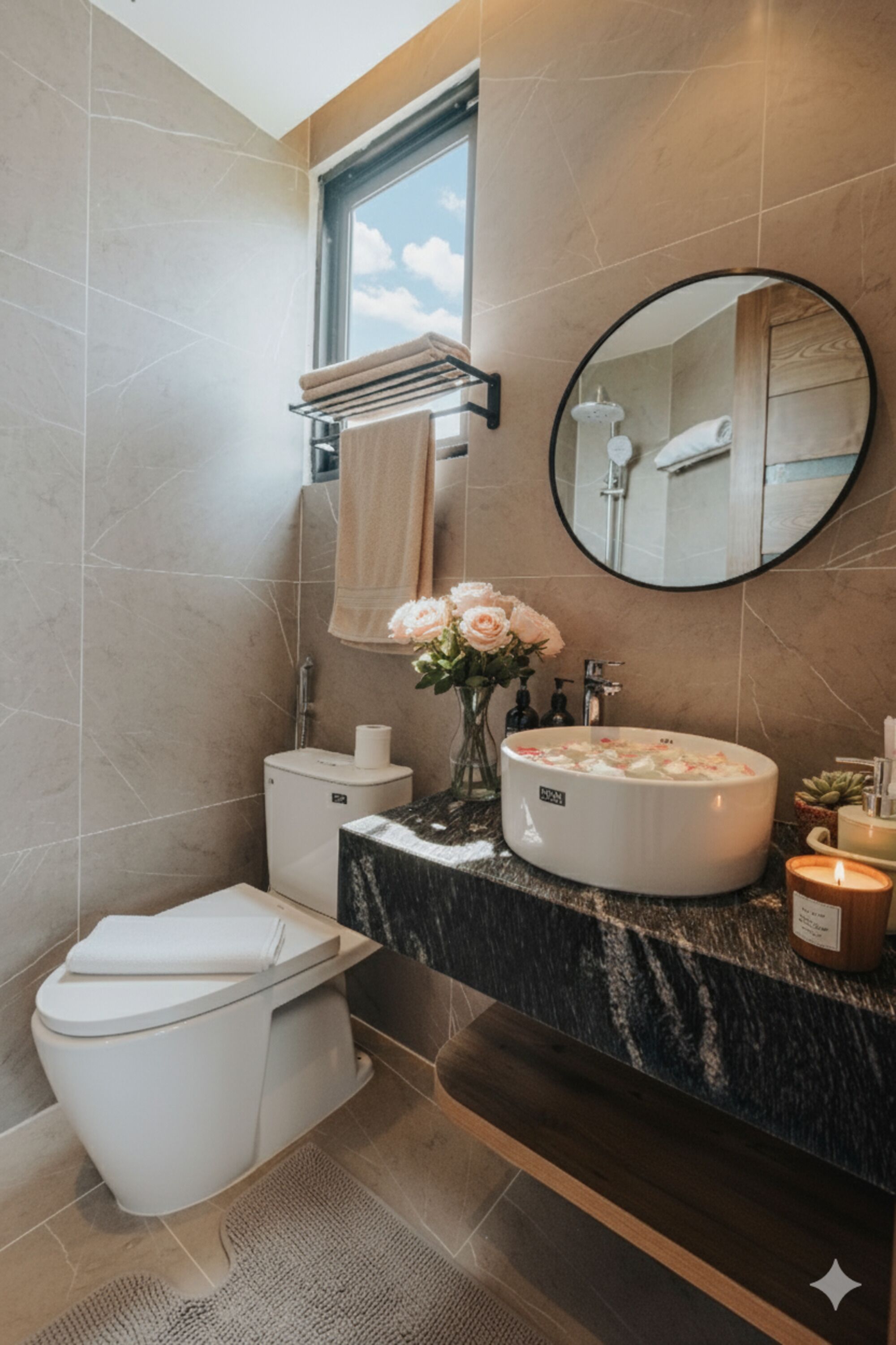 A modern bathroom with a round mirror, a sink, and a toilet.