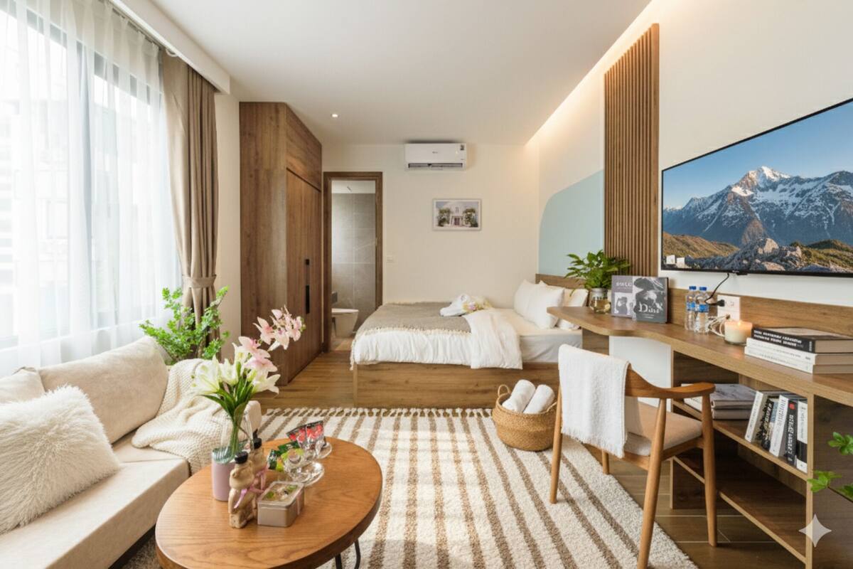 A modern hotel room with a large bed, a sofa, a coffee table, and a TV.