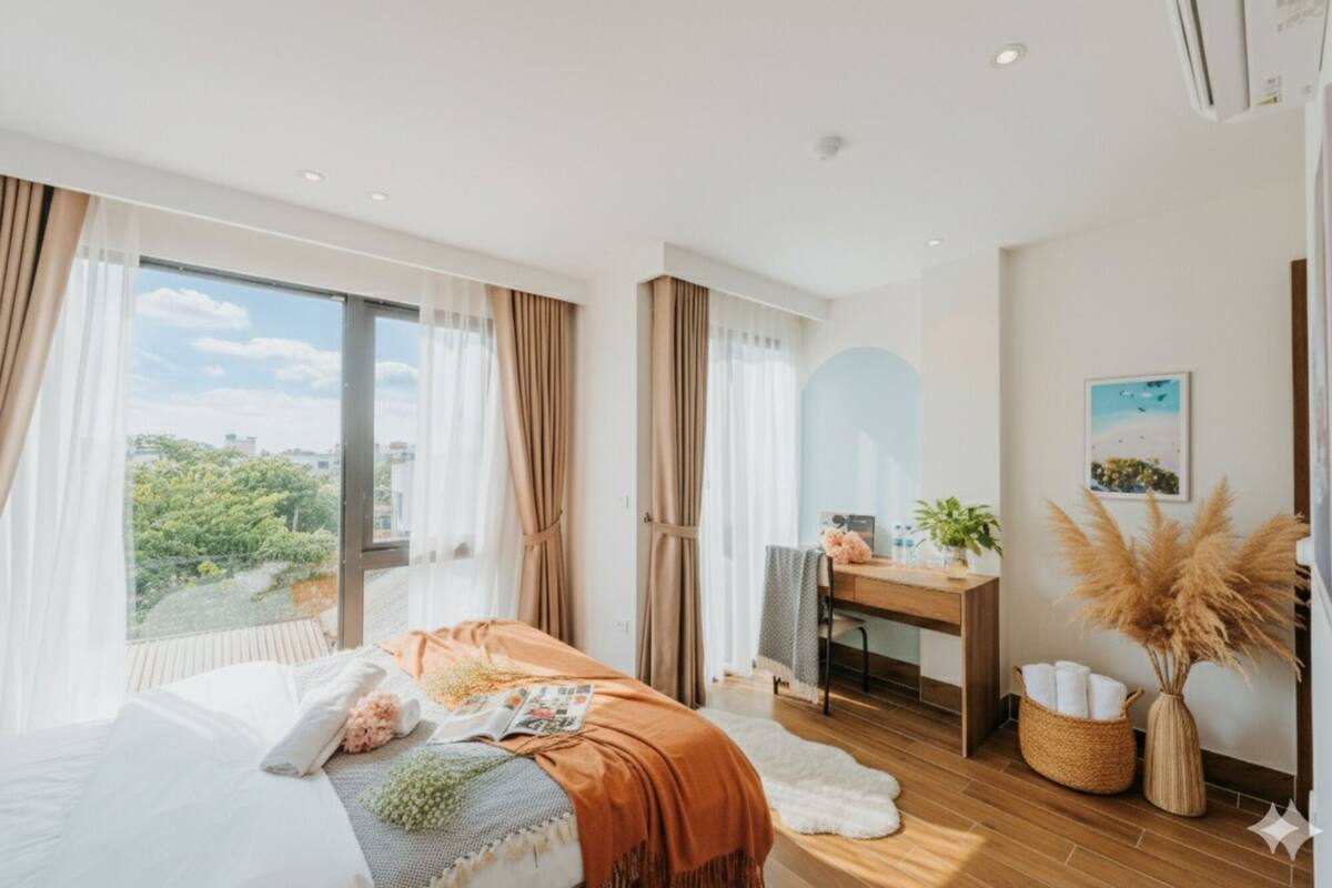 A modern bedroom with a large window, a bed with a white and orange blanket, a desk with a plant, and a view of greenery outside.