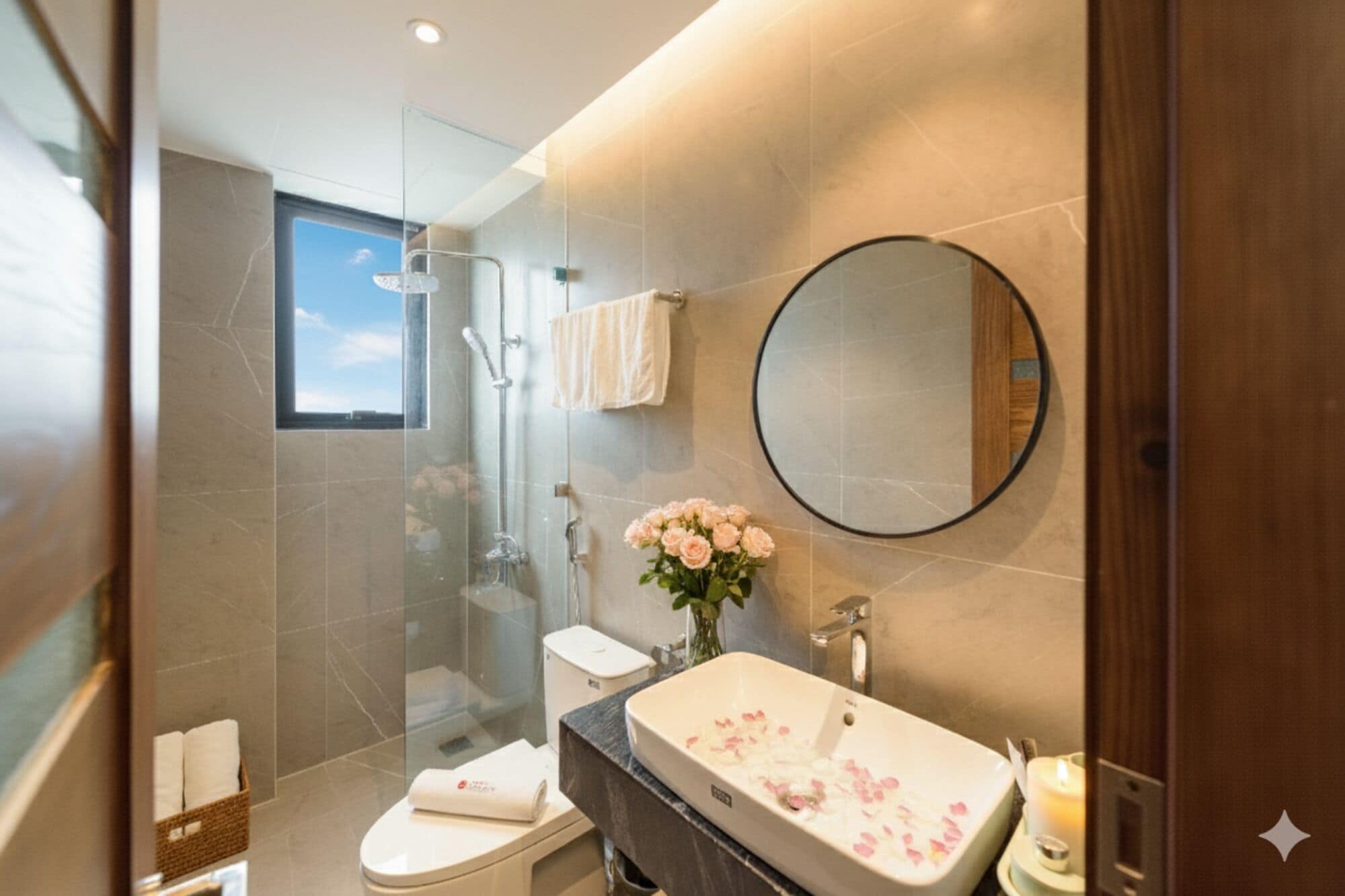 Design Apartment | Bathroom | Shower, hair dryer, slippers, towels