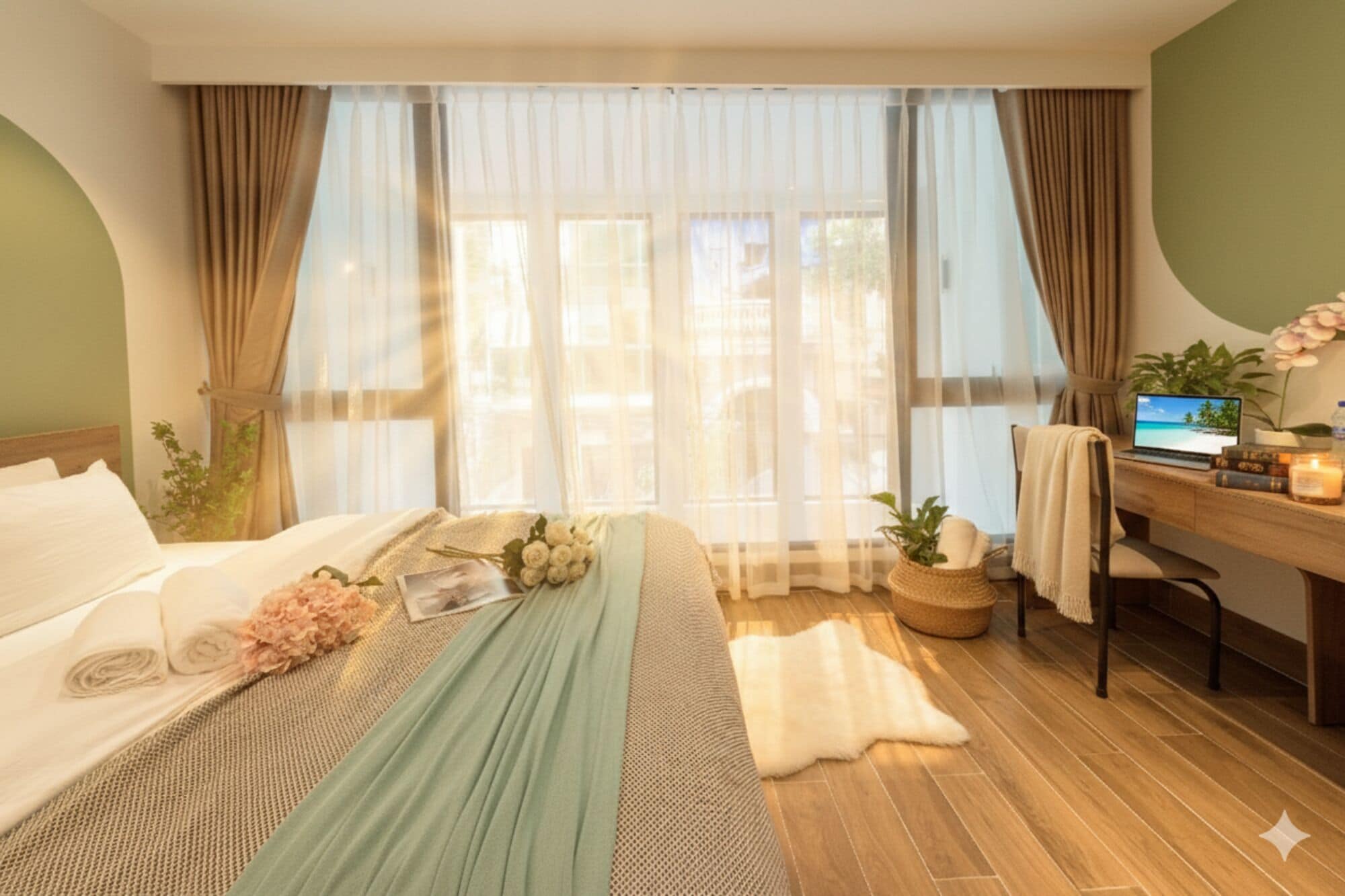 Design Apartment | Desk, blackout drapes, soundproofing, iron/ironing board