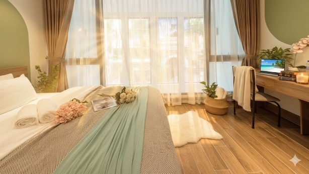 Quarto de hotel com cama, escrivaninha e uma grande janela com cortinas leves.