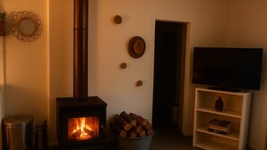 A cozy living room with a wood-burning stove, a television on a stand, and a bookshelf.