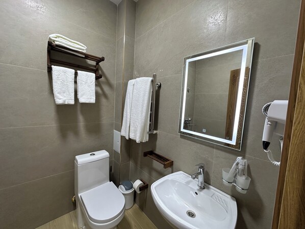 Une salle de bain équipée de toilettes, d’un lavabo, d’un porte-serviettes, d’un miroir et d’un sèche-cheveux.