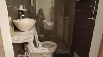 Regadera, toallas, papel de baño