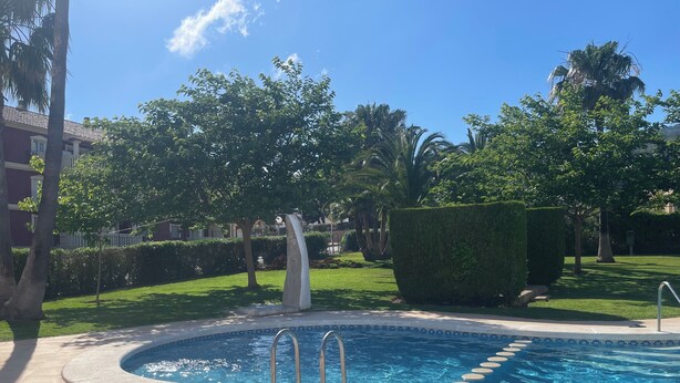 A swimming pool with a tiled deck, surrounded by well-maintained grass and trees.