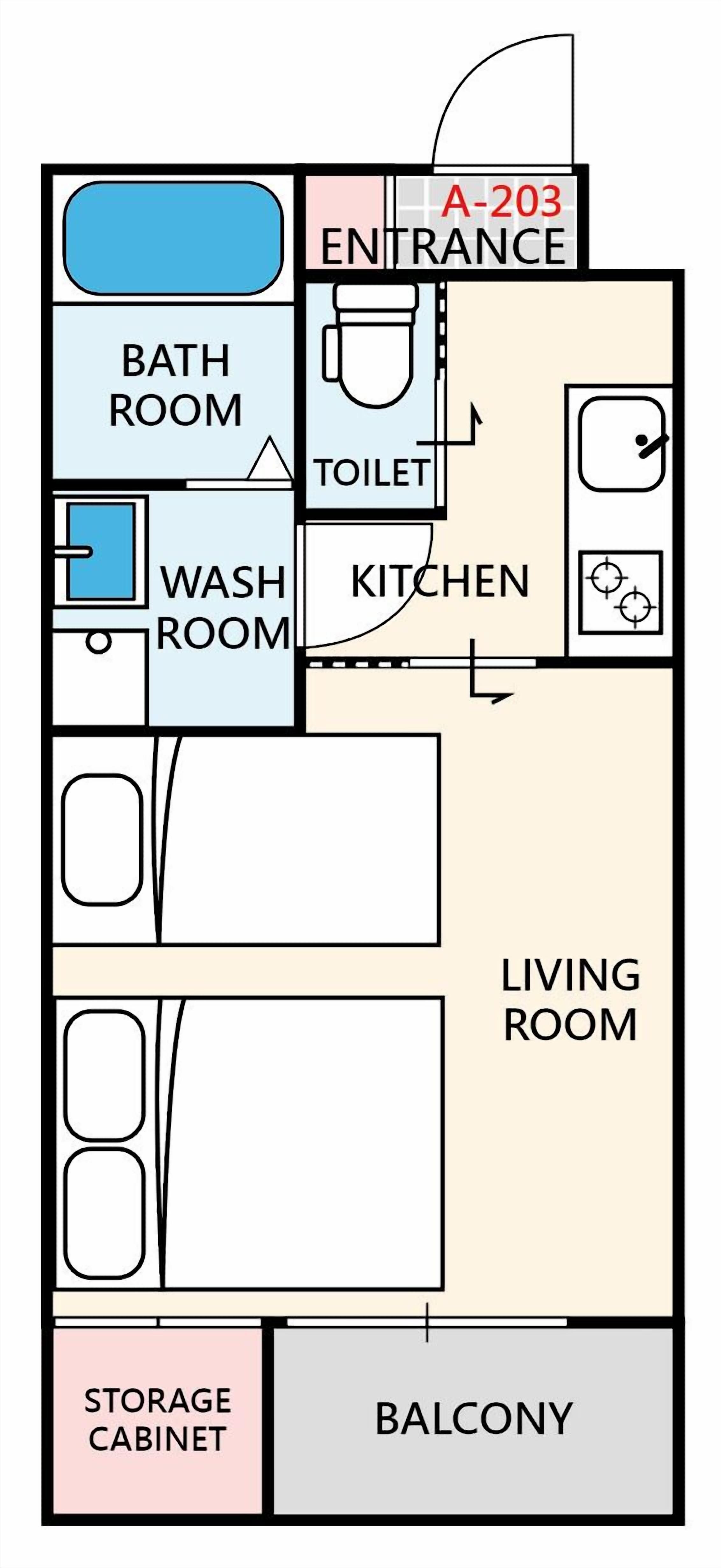 A floor plan of a residential unit with an entrance, bathroom, toilet, washroom, kitchen, living room, storage cabinet, and balcony.