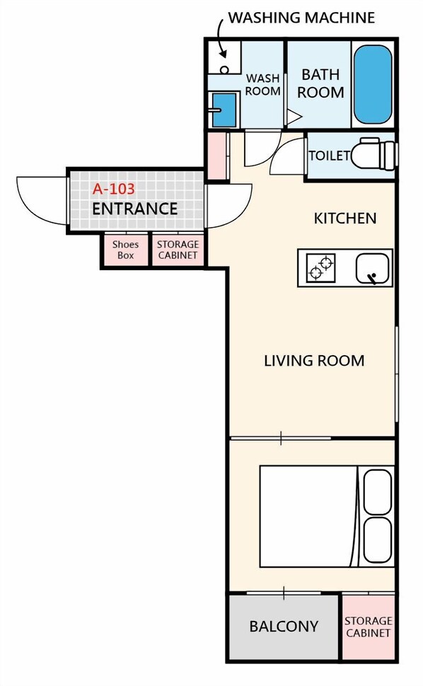 A floor plan of a hotel room with an entrance, storage cabinet, shoes box, balcony, living room, kitchen, bathroom, and washing machine.