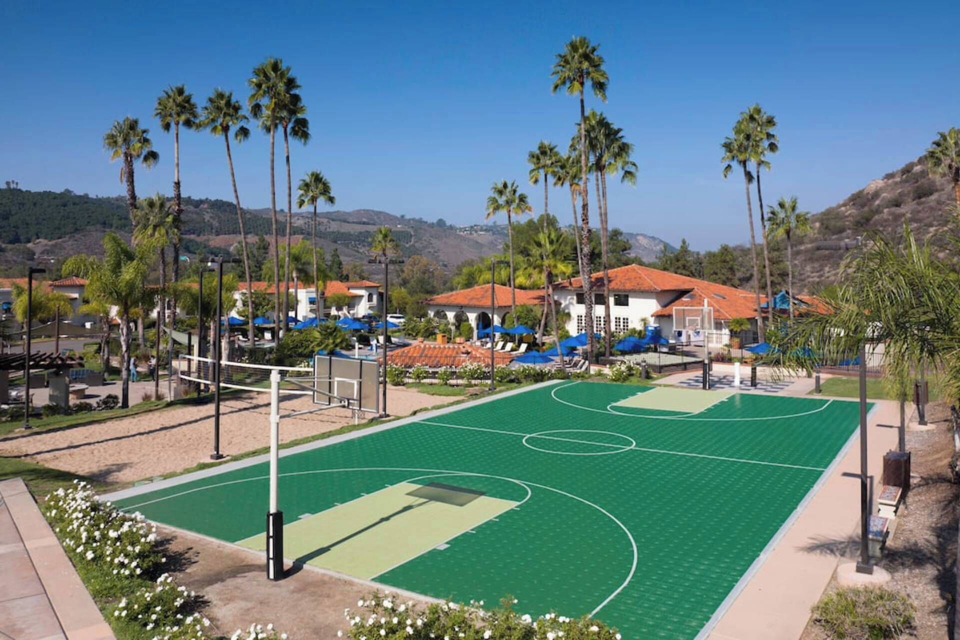 Un terrain de basket en plein air, doté d’une surface verte, entouré de palmiers et d’immeubles aux toits recouverts de tuiles rouges.