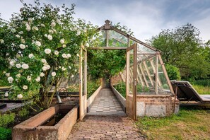 Enter a serene oasis surrounded by lush greenery and vibrant flowers.