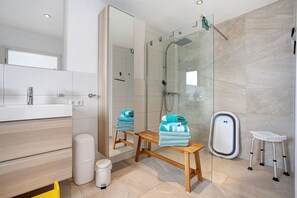 Shower, hair dryer, towels