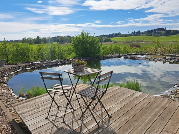 Une terrasse en bois avec une table et des chaises, donnant sur un étang, entourée de verdure et sous un ciel dégagé.