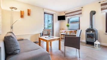 Televisión, chimenea, reproductor de DVD y tenis de mesa