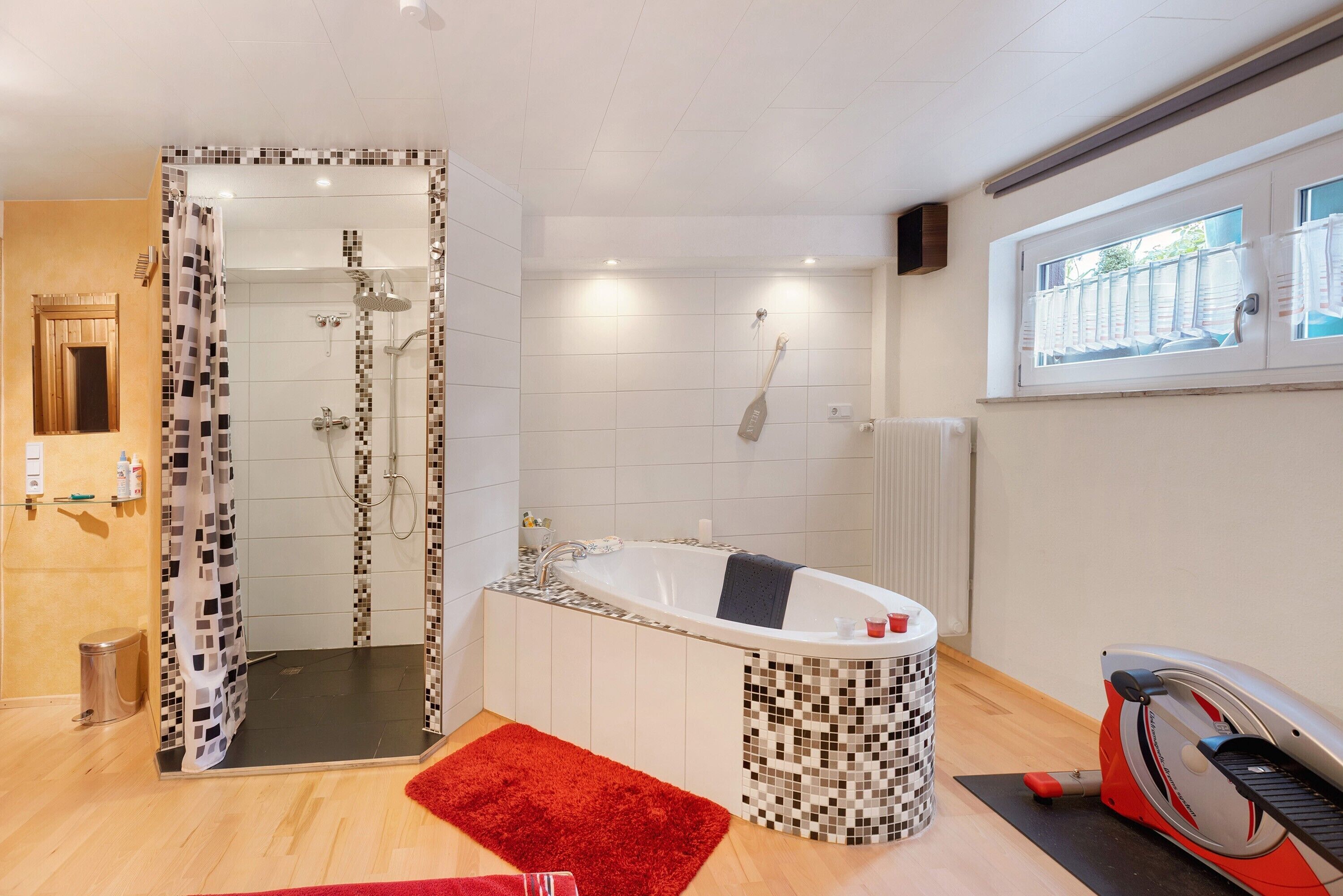 Shower, hair dryer, towels