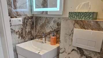 Regadera, toallas, jabón, shampoo