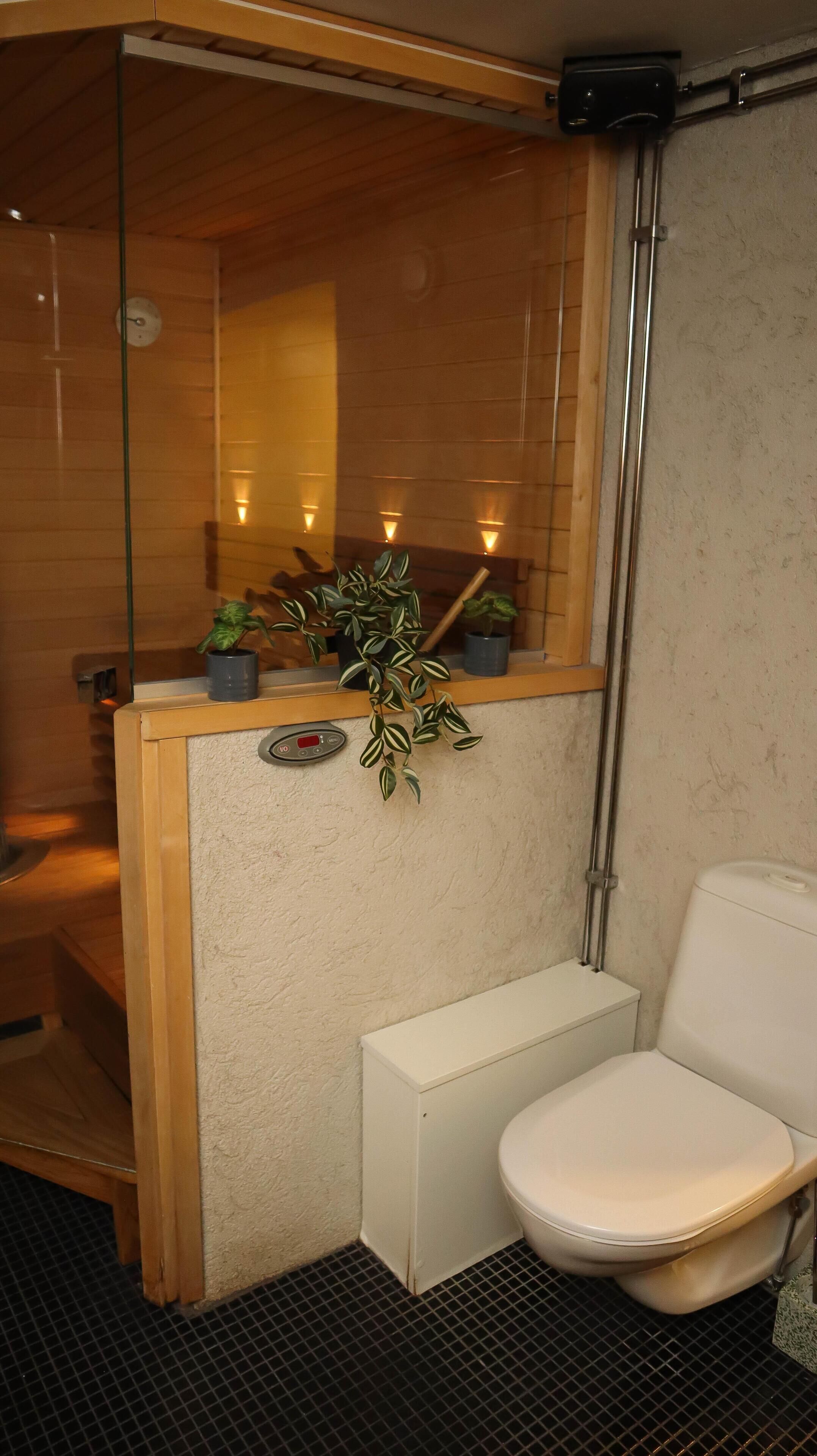 Une salle de bain moderne avec une douche en verre, des toilettes blanches et une petite étagère avec des plantes en pot.
