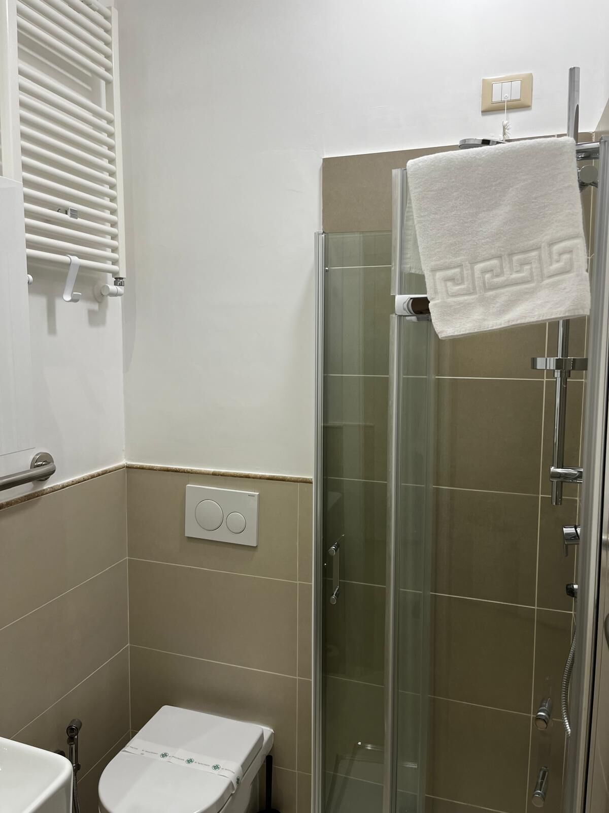 A modern bathroom with a glass-enclosed shower, a toilet, and a sink.