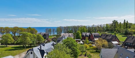 A residential area with houses, green lawns, and a view of the sea.