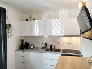 Fridge, oven, stovetop, coffee/tea maker