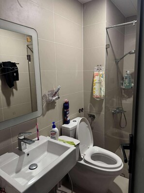 Hair dryer, towels, soap, toilet paper