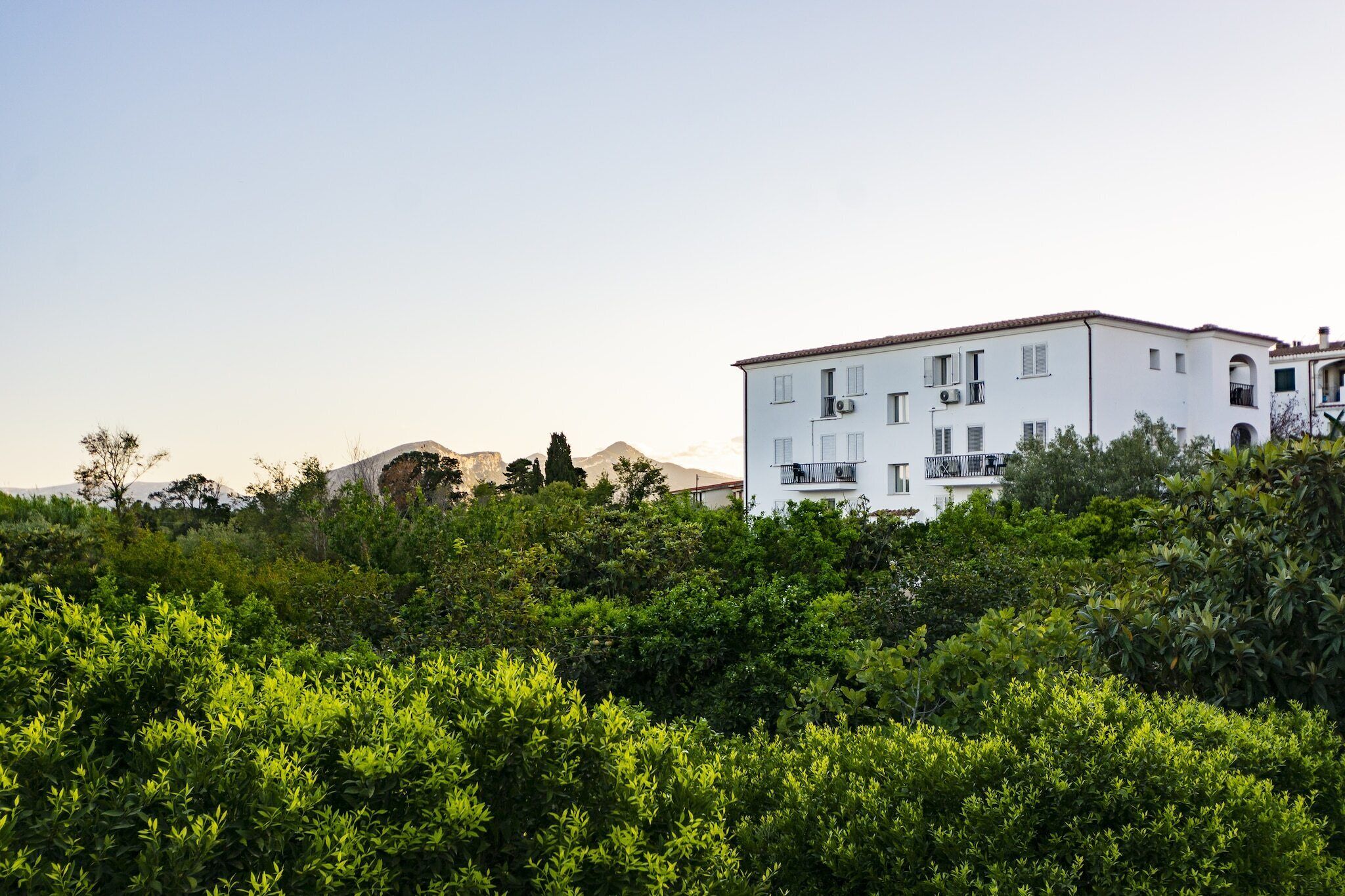 A white building with balconies, surrounded by dense greenery and mountains in the background.