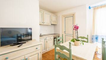 A compact kitchen with a TV, wooden cabinets, a dining table, and chairs.