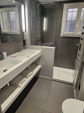 Dusche, Haartrockner, Handtücher, Toilettenpapier