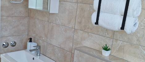 Dusche, Haartrockner, HandtĂŒcher, Seife