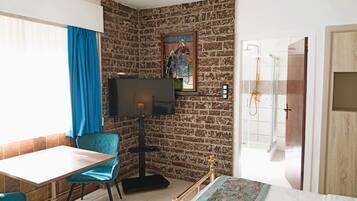A hotel room with a brick wall, a television, a desk with a chair, a bed, and a shower area.