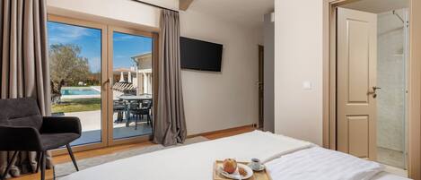 Un dormitorio con cama, televisor, puerta corrediza a un patio y ducha.