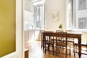 Apartment, Balcony | Private kitchen | Coffee/tea maker, electric kettle, dining tables