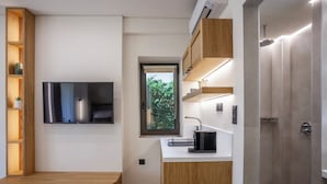 Eine moderne Küche mit integriertem Fernseher, Holzregalen, einem Fenster und einer Duschkabine.