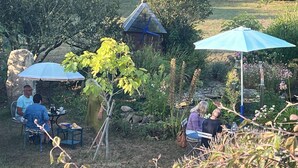 Un área de estar al aire libre con mesas y sillas bajo sombrillas, rodeada de vegetación y un pequeño edificio con techo azul.