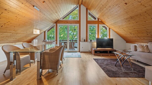 A spacious loft with high ceilings, large windows, a glass dining table, wicker chairs, a sofa, and a television. - LAKE Loft Marina (Überlingen)